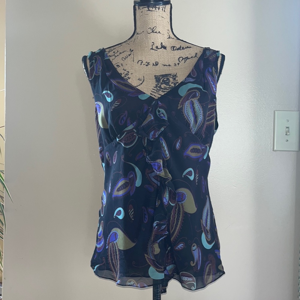 Sleeveless Ruffle Front Paisley Print Silk Blouse